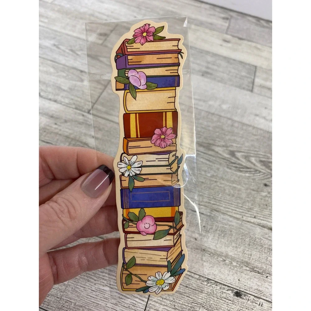 Stacked Books Floral Die-Cut Bookmark - Cottagecore Library Reader